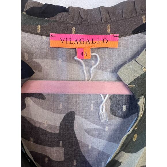 Vilgallo Long Sleeve Camo Print Maxi Dress Size 44 Gold Detailing Ruffle Collar - Picture 4 of 5